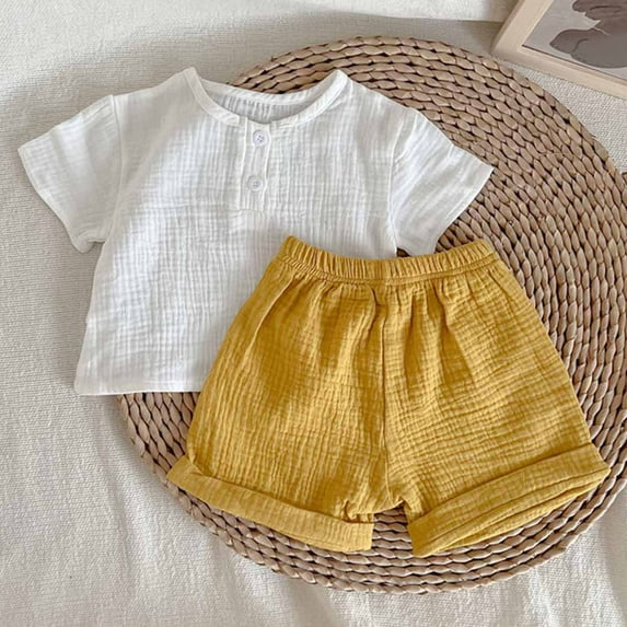 piuwrlz Shirt and Short Pants Set Baby Boys Girls New Pocket Solid Color Summer Children's Set Yellow Size 3-6 Months