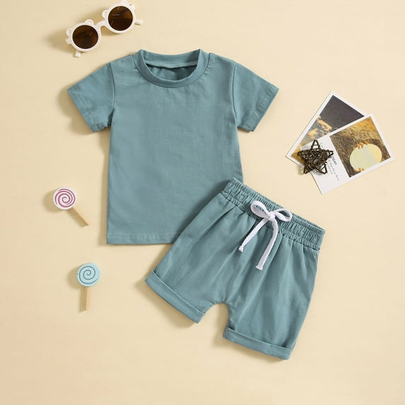 piuwrlz Shirt and Short Pants Set Baby Boys Girls Pocket Fashionable Solid Color Summer Children's Set Navy Size 6 Months