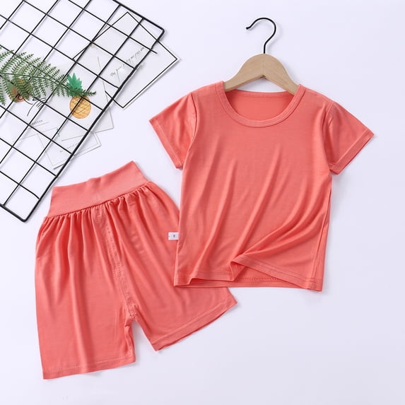 piuwrlz Shirt and Short Pants Set Baby Boys Girls Solid Color Round Neck Summer Children's Set Orange Size 2-3 Years