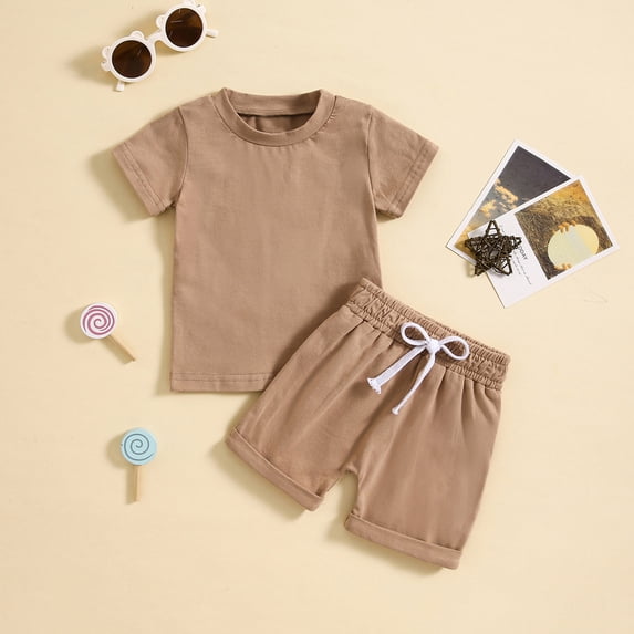 piuwrlz Shirt and Shorts Set for Baby Boys Girls Pocket Fashionable Solid Color Summer Children's Set Khaki Size 18 Months