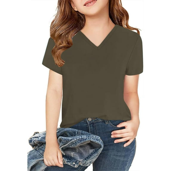 piuwrlz Short Shirts Sleeve Kids Girls T-Shirts Tops Printed V-Neck T Shirt Top Coffee Size 13 Years