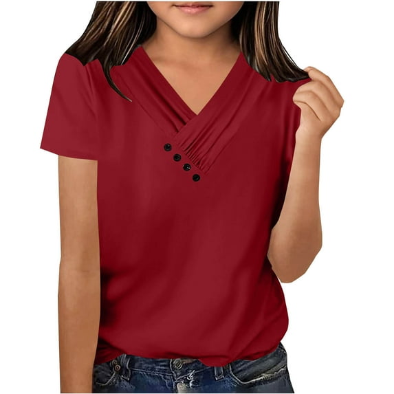 piuwrlz Short Shirts Sleeve Kids Girls T-Shirts Tops Solid Color Blouses V-Neck T Shirt Top Wine Size 7-8 Years