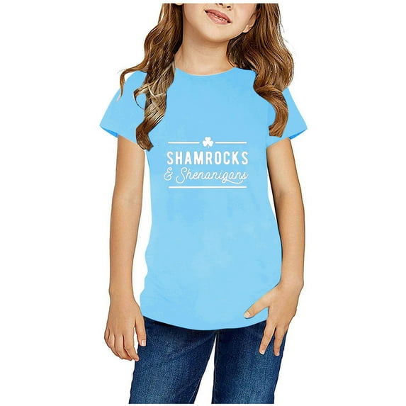 piuwrlz Short T-Shirts for Girls Short Tops Sleeve Printed Round Neck Tops Shirt Undershirts Sky Blue Size 7 Years