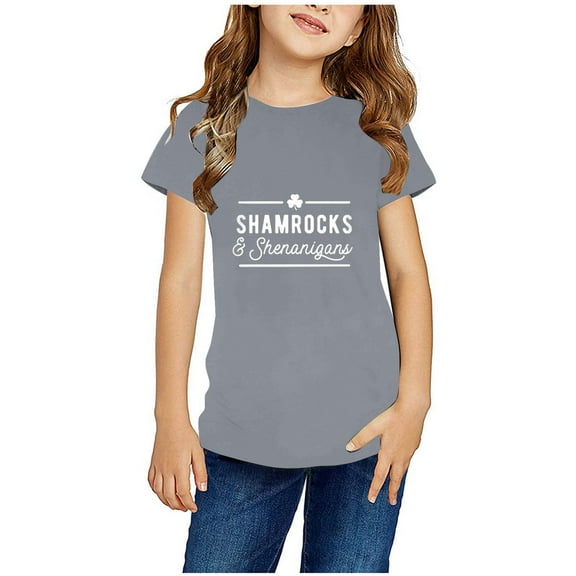 piuwrlz Short Tops Sleeve Shirts for Girls Printed Round Neck Tops Shirt Undershirts Gray Size 9 Years