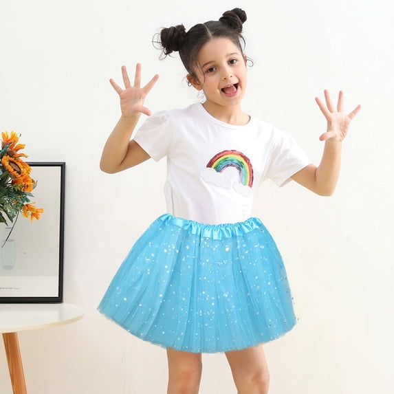 piuwrlz Single Piece Short Skirt for Kid Girls Mesh Yarn Sequin Princess Skirt Bubble Skirt Skirts Solid Color Single Piece Mesh Yarn Skirts Blue Size 3-9Years