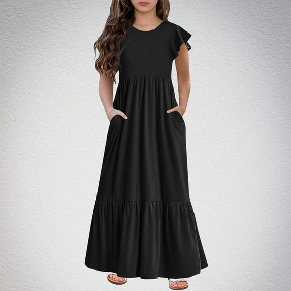 piuwrlz Summer Children Short Shirt Skirts 10 Years for Little Girls Dresses New Round Neck Solid Color Dress Black