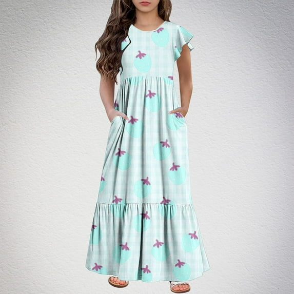piuwrlz Summer Children Short Shirt Skirts 6 Years for Little Girls Dresses Strawberry New Printed Round Neck Dress Light Blue