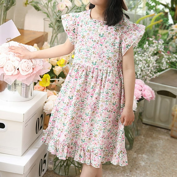 piuwrlz Summer Children Short Shirt Skirts 8 Years for Little Girls Dresses New Printed Round Neck Floral Dress Pink
