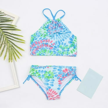 piuwrlz Summer Clearance Hawaiian Beach Swimsuits for Girls Swimming Suit Printed Ruffle 2 Piece Sleeveless Swimwear Green Size 7-8Years