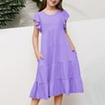 thumbnail image 1 of piuwrlz Summer Short Dresses Sleeved for Little Girl Pocket Short Sleeved New Lower Back Stratification Solid Color Round Neck Princess Dress Purple Size 14 Years, 1 of 7