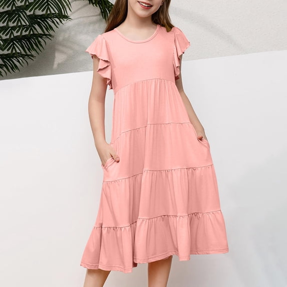 piuwrlz Summer Short Sleeved Skirts for Girls Pocket Short Sleeved New Lower Back Stratification Solid Color Round Neck Princess Dress Pink Size 6 Years