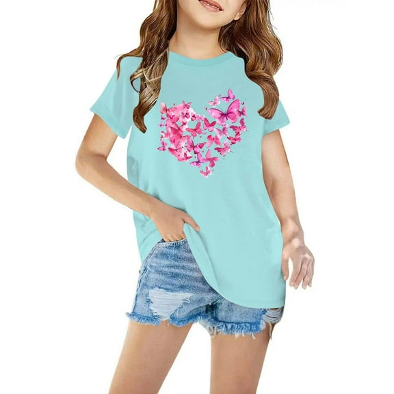 piuwrlz Summer Short T-Shirts for Girls Short Tops Sleeve Printed Tops Cotton Undershirts Blue Size 5 Years