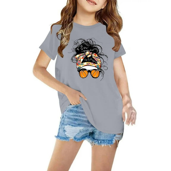 piuwrlz Summer Short Tops Sleeve Shirts for Girls Printed Tops Cotton Undershirts Gray Size 7 Years