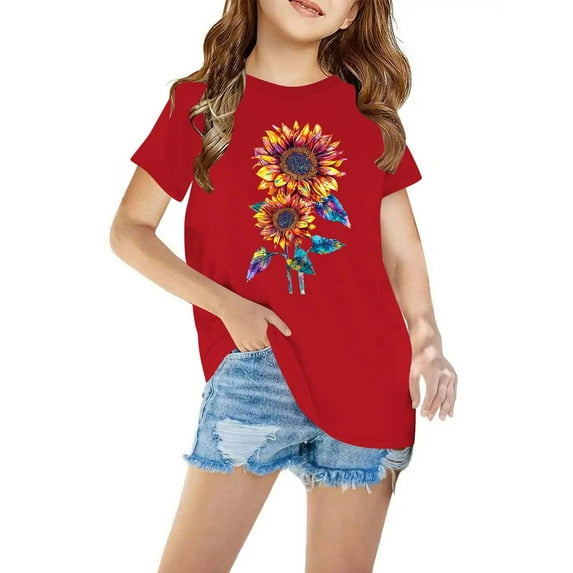 piuwrlz Summer Short Tops Sleeve Shirts for Girls Printed Tops Cotton Undershirts Red Size 7 Years