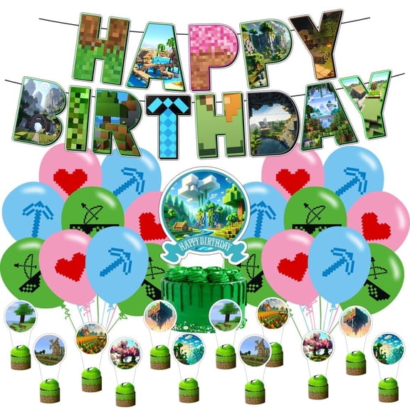 pixel Birthday Decorations, pixel Party Supplies KKS1Include Happy Birthday Banner, Cake Topper and Cupcake Toppers, Balloons for Kids Party Decor