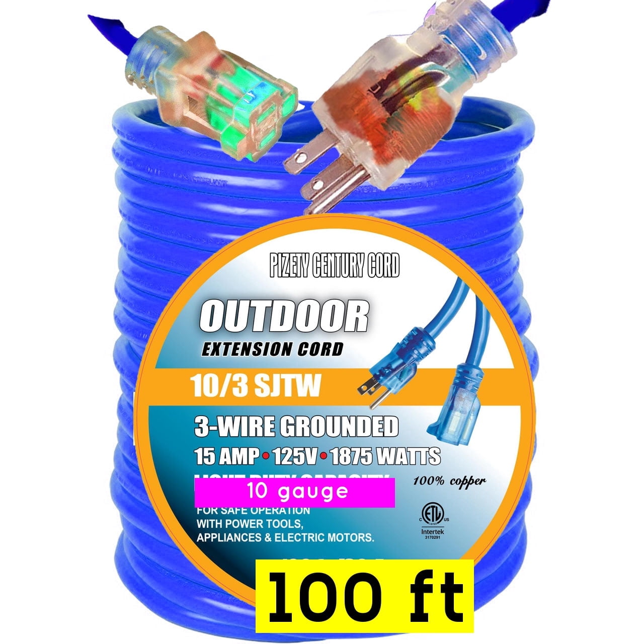 pizety 100 ft 10-Gauge Grounded 15-Amp Outdoor Extension Cord 100 ft Contractor Grade 10 Gauge 100 ft Power Extension Cord 10/3 Plug 1875 watts 100 ft Yellow Extension Cord 10/3 Gauge