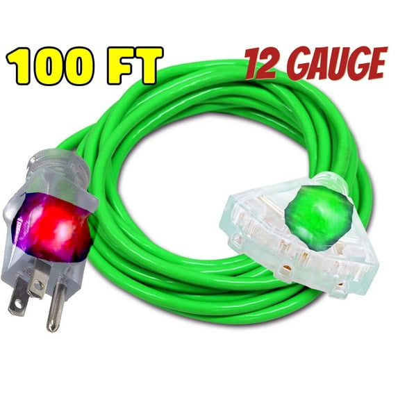 pizety 12/3 Extension Cord 100 ft Outdoor Indoor Heavy Duty 100 ft Extension Cord 12/3 12 Gauge Extension Cord 3 Outlet Lighted 15 Amp 1875 Watts Triple Outlet 12 Gauge Extension Cord 100 ft Copper