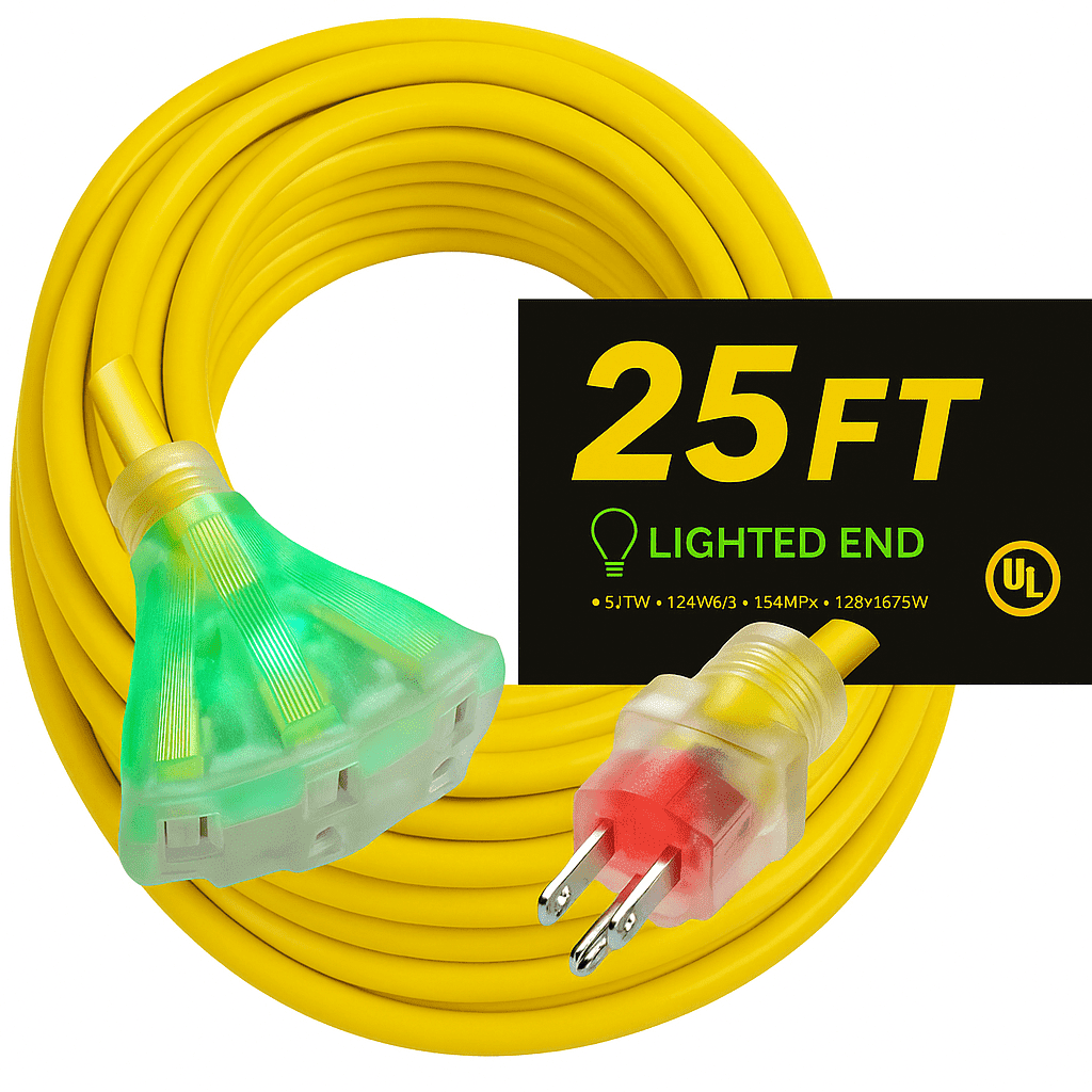 pizety 12 Gauge Power Extension Cord Heavy Duty Indoor/Outdoor 12 3 Extension Cord 25 ft 12/3 Triple Outlet 3 Prong with Lighted Ends Power Your Major Appliances 1875 watt 25 ft Triple Tap Yellow