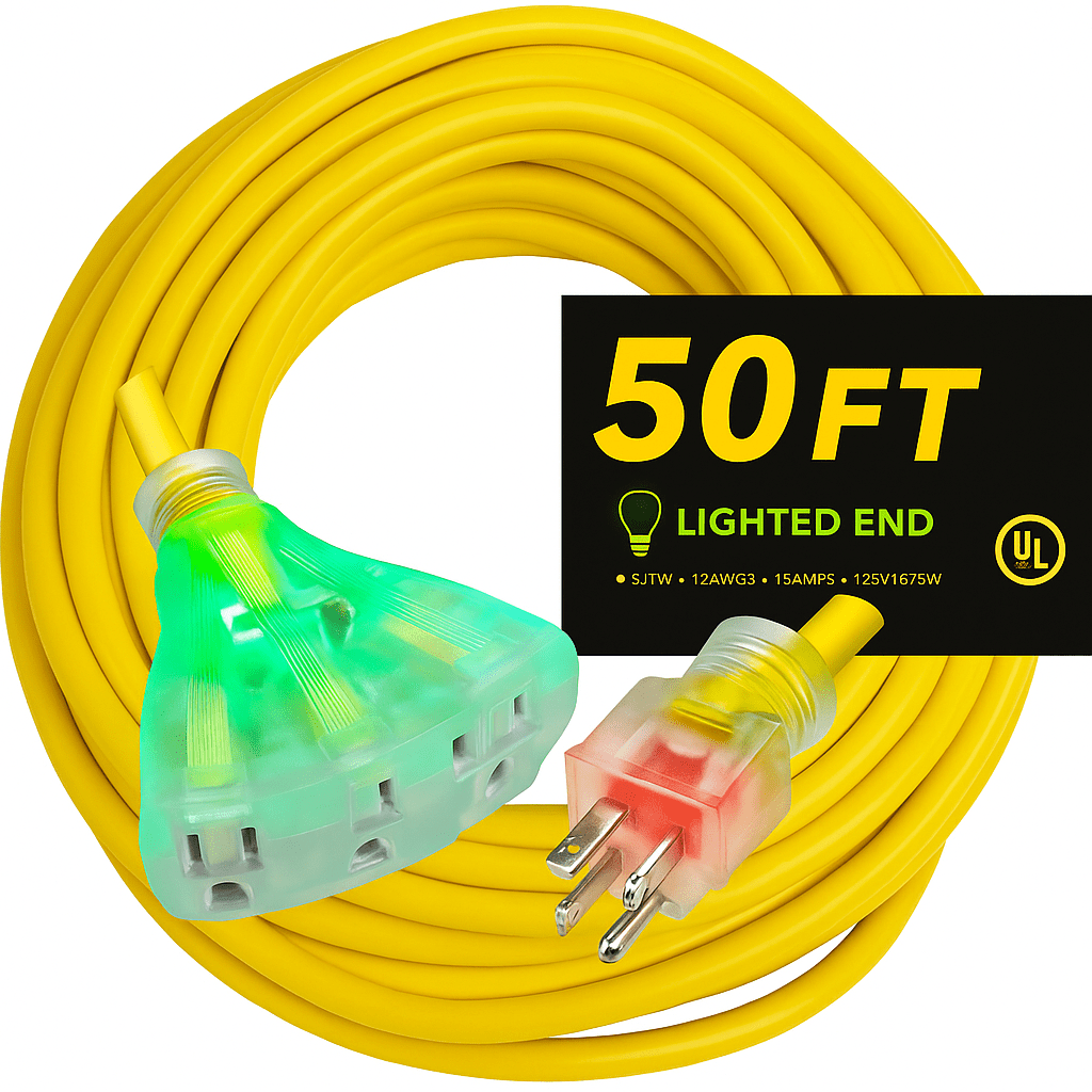 pizety 50 ft 12 Gauge Extension Cord Heavy Duty Indoor Outdoor 125 Volt, 1875 watt, 5-15P/R, UL Listed 12/3 Extension Cord 3 Prong 50 ft 12 AWG Grounded 12/3 Outlet Lighted