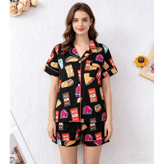 pj sets for women 2pcs Women Sleepwear Set, Pattern Printed, Fashionable Outfit For Holiday Party, Short Sleeve Shirt With Collar & Button And Elastic Shorts, Casual Loungewear For Outdoor & Indoor