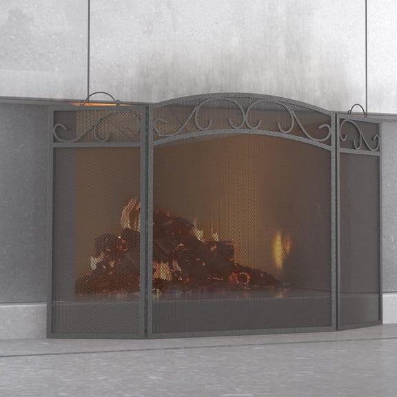 place Screen 3 Panel with Handles Wrought Iron 51"(L) x31(H) Spark Guard Cover(Pewter)