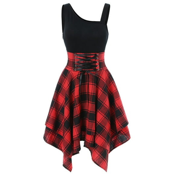 plaid dresses for women vintage off the shoulder high waisted dress bandage high waisted skirt irregular hem dress