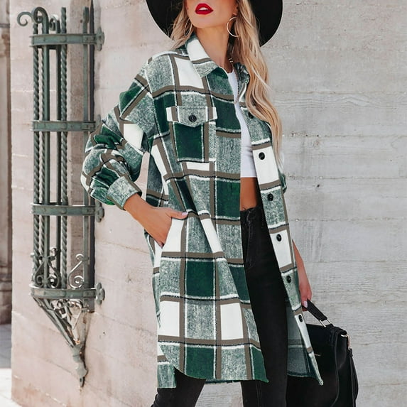 plaid shirt, Long Shacket Jackets for Women Flannel Plaid Long Sleeve Shirts Coats Trendy Casual Button Down Shackets Outwear flannel shirts for women