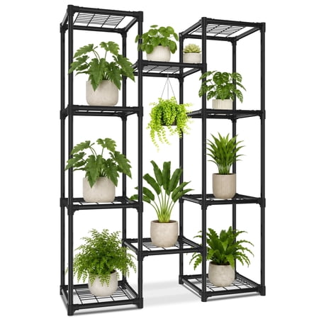 UNTIMATY 6-Tier Black Metal Plant Stand Indoor Outdoor Tall Hanging Plant Shelf for Potted Flower with 6 Hooks and 10 Spaces, 33.86" x 9.05" x 47.24"