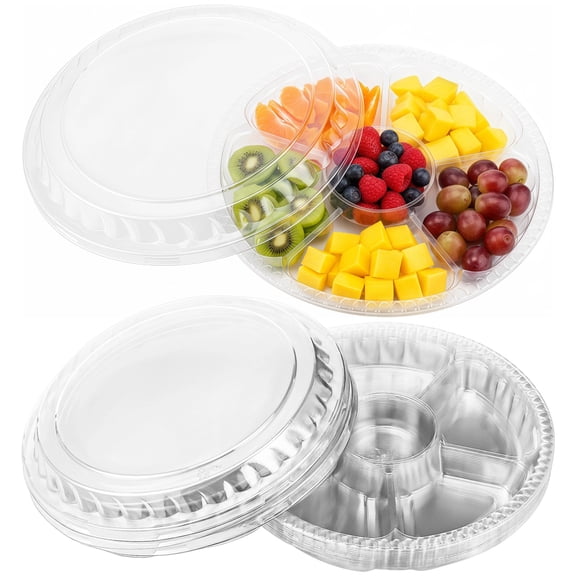 12 Pcs Plastic Appetizer Trays with Lid, Clear Disposable Round Serving Platters, 6-compartment Divided Snack Fruit Plates with Dome Covers for Parties, Buffets, Picnics