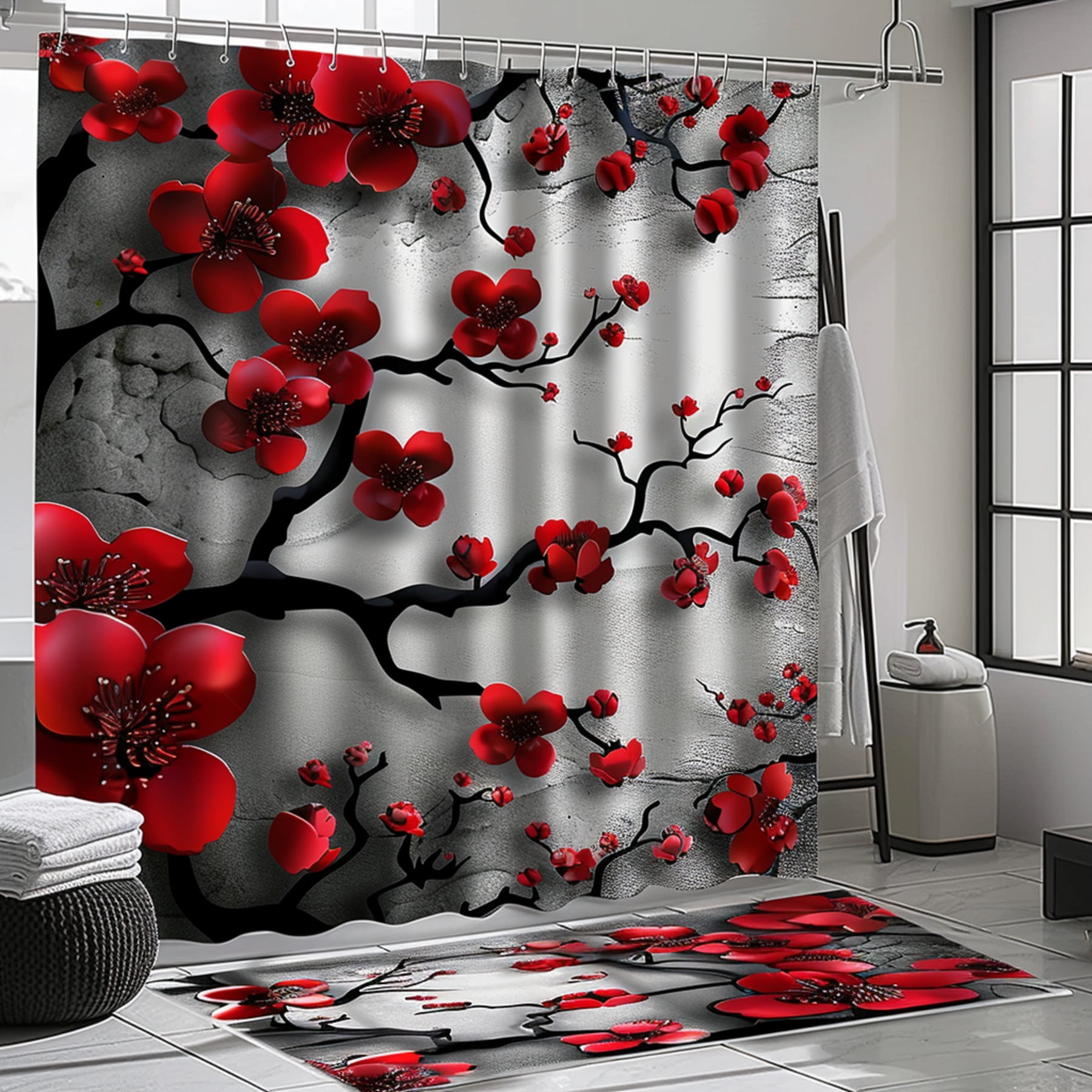 plum blossom design on grey background red and black bathroom decor ...