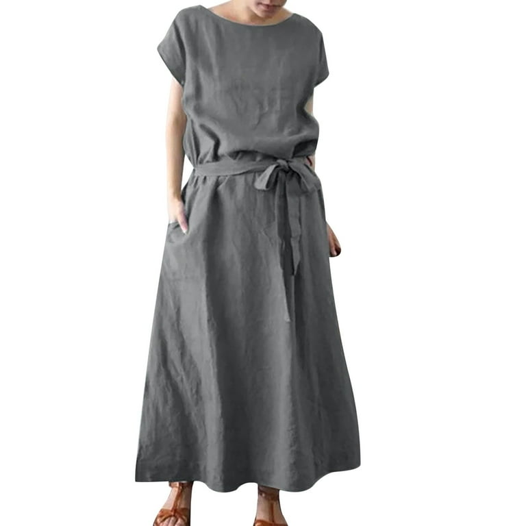 plus Dresses Deb Shops Dress plus Evening Gowns for Women Formal plus Size Ladies Spring Summer And Autumn Solid Color Fashion Loose Bohemian Short Sleeve Round Neck Solid Color Cotton And Linen