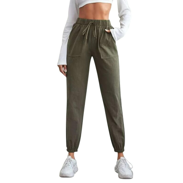 plus Size Dress Pants for Women Business Casual Women Solid Color Trousers Pant Pocket Cotton And Linen Elastic Waist Loose T shirt Casual Loose Pants