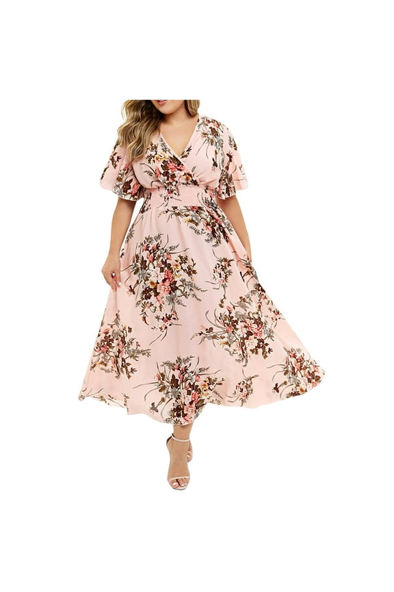plus Size Dresses for Women Semi Formal Size Plus Fashion Floral Dress Women Casual Sleeve V Neck Short Printed Plus Size Dress