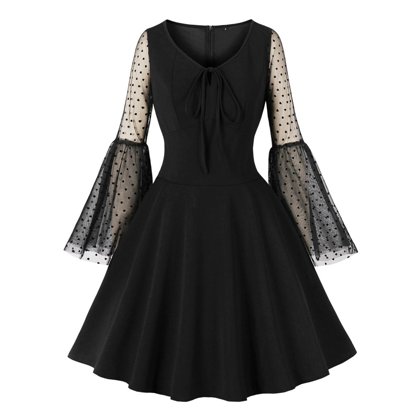 Wellwits Women's Gothic Vintage Dress With Mesh Bell Sleeves - Halloween, Cosplay, Mock Neck, Back Zipper