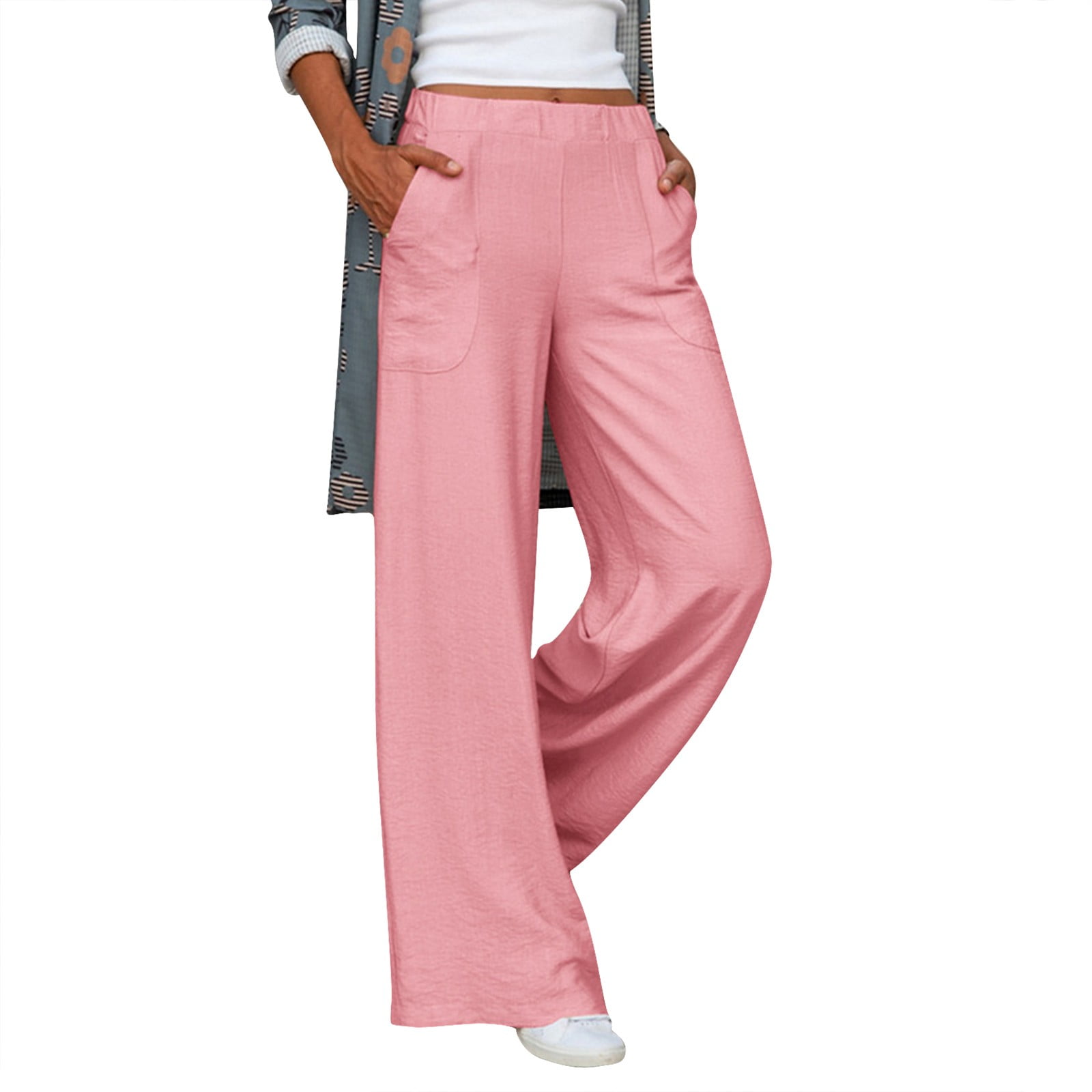 plus Size Stretch Pants Womenss Casual Solid High Waisted Loose Wide ...
