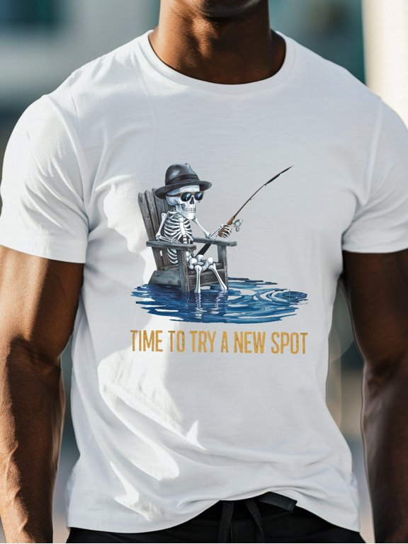plus size Men's summer t-shirt, Skeleton fishing graphic print short sleeve tees trend casual tops for daily life, big & tall guys, PLUS SIZE