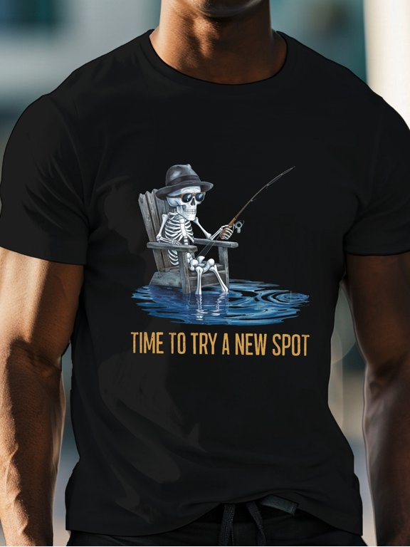 plus size Men's summer t-shirt, Skeleton fishing graphic print short sleeve tees trend casual tops for daily life, big & tall guys, PLUS SIZE