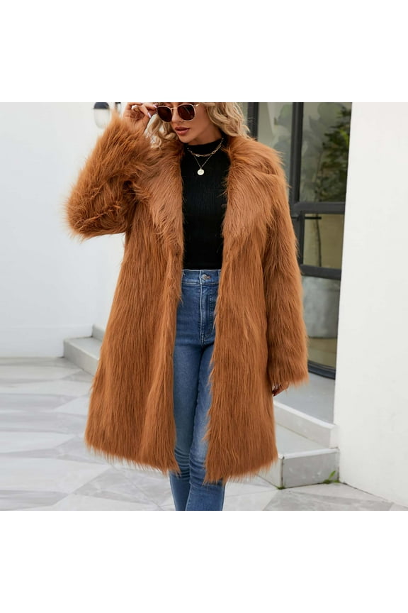 plus size jackets for women,Brown Faux Fur Soft Coats for Women Winter Lapel Cardigan Shaggy Outerwear Warm Chunky Long Jackets with Pockets
