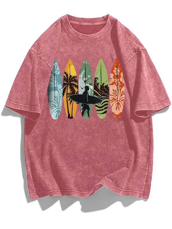 plus size oversized womens retro washed t shirt short sleeved shirt with surfer silhouette color summer beach aesthetics