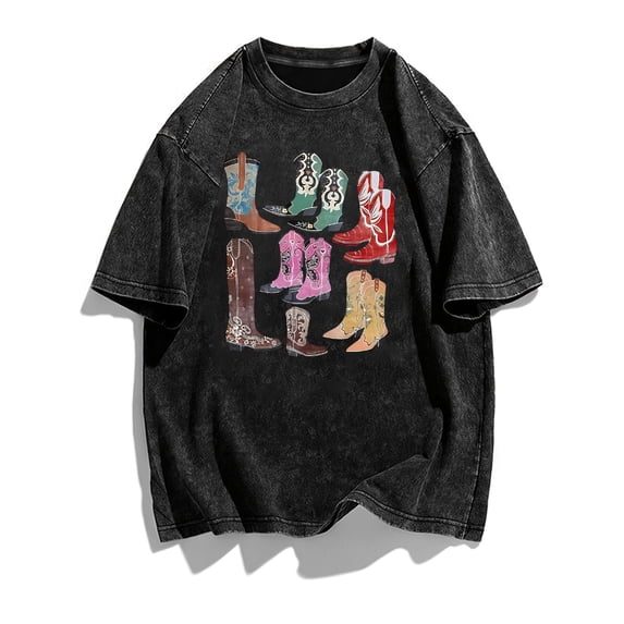 plus size plus size womens plus size washed vintage t shirt colorful cowboy boots print oversized distressed tee casual loose fit short sleeve western graphic tops for