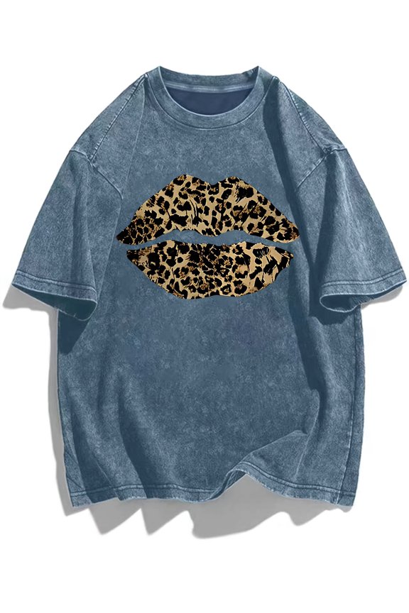 plus size plus size womens washed t shirt vintage leopard lips print tee oversized casual breathable short sleeve tee for trendy style lovers