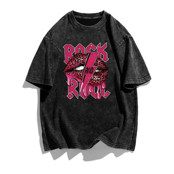 plus size plus size womens washed vintage rock and roll leopard lips print oversized t shirt casual loose short sleeve crew neck summer tee tops for punk rock streetwe