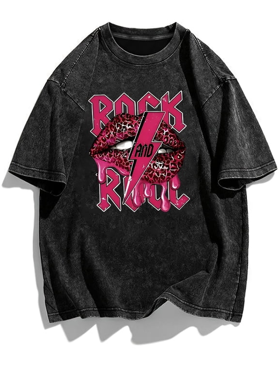 plus size plus size womens washed vintage rock and roll leopard lips print oversized t shirt casual loose short sleeve crew neck summer tee tops for punk rock streetwe