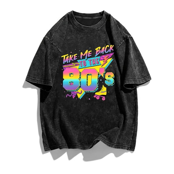plus size womens retro washed short sleeve t shirt with back to the 80s pattern