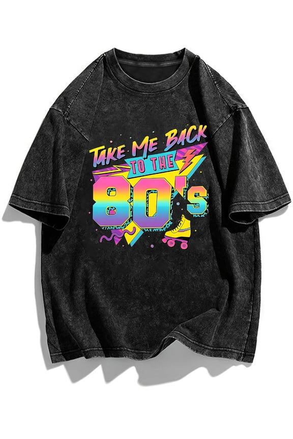 plus size womens retro washed short sleeve t shirt with back to the 80s pattern