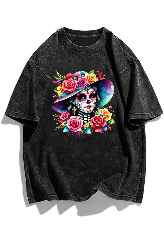 plus size womens washed oversized t shirt watercolor sugar skull lady wide hat colorful rose floral graphic short sleeve tee casual loose daily tops calavera print