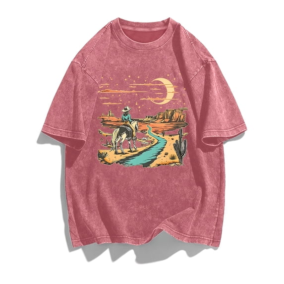 plus size womens washed plus size t shirt western cowboy print crew neck casual daily tee