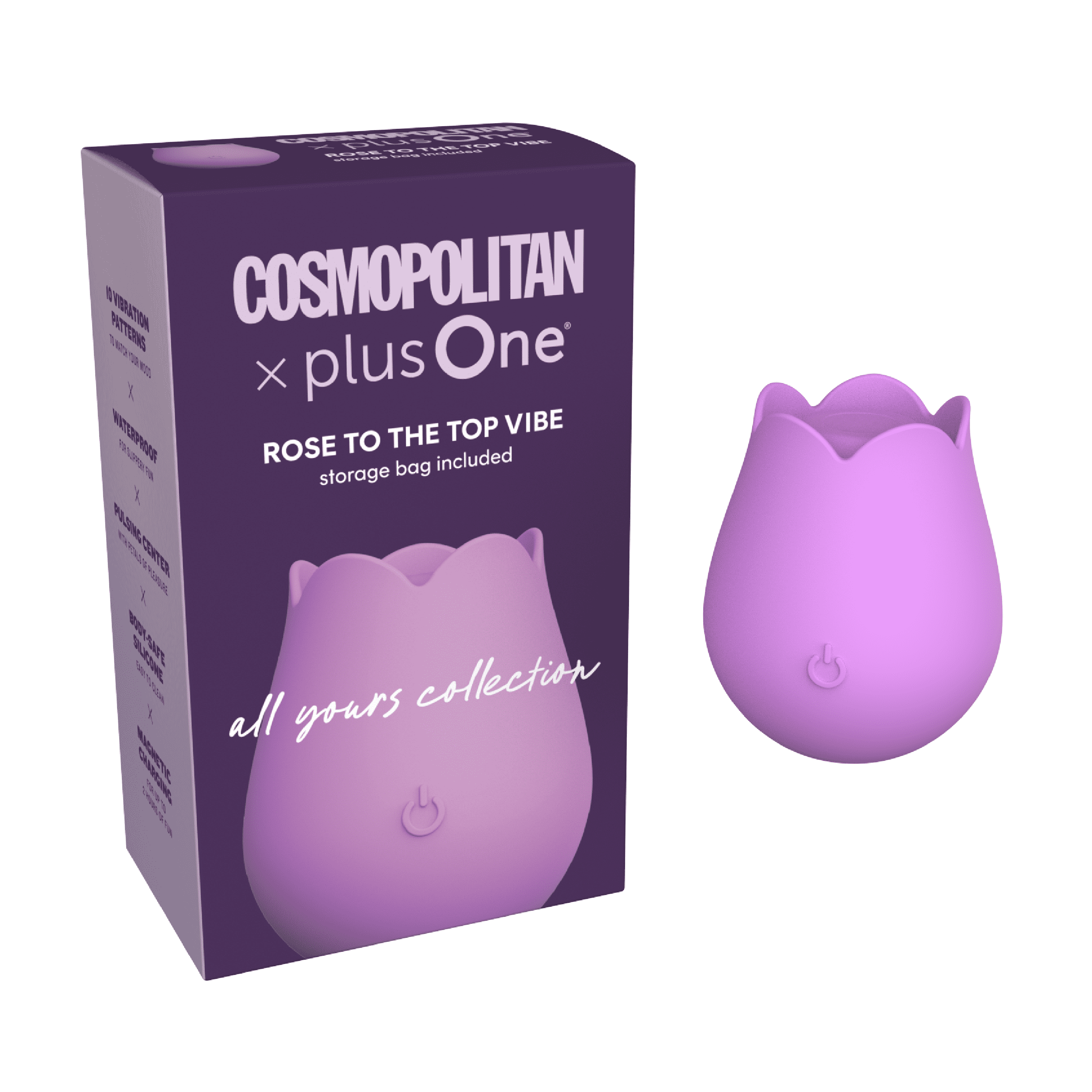 Cosmopolitan X plusOne 'Rose to the Top' Vibrator with Storage Bag, Magnetic Charging and USB Cable, Lavender