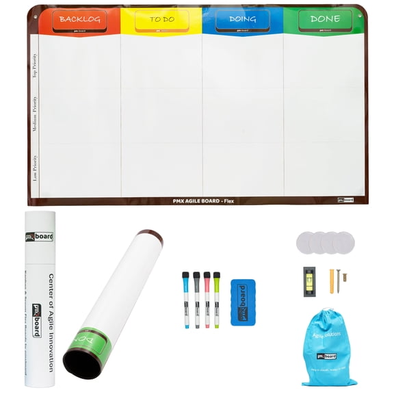pmxboard 4 column Kanban Board and Scrum Board Flexible Full Magnetic Board, Agile Management Magnetic Flex Board, 4 Whiteboard markers, an easer. Full magnetic board, ultra thin kanban whiteboard