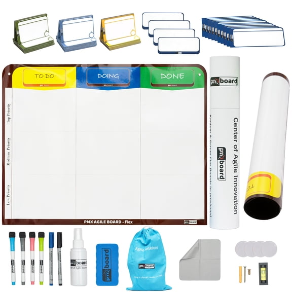 pmxboard Magnetic Kanban Board and Magnetic Scrum Board Flexible 3 Column Board Full Kit, Agile Management Board Set, 47 Magnetic Kanban Cards and Scrum Cards Set, Scrum Whiteboard and Card Markers